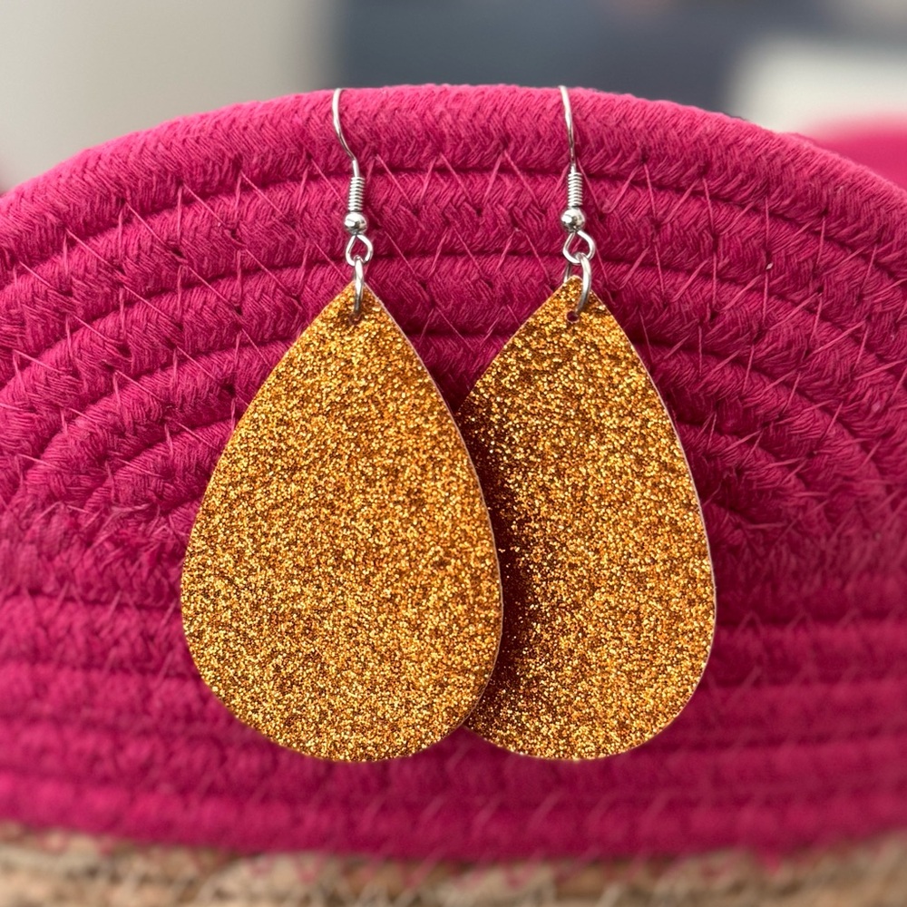 Orange Glitter Teardrop Earrings